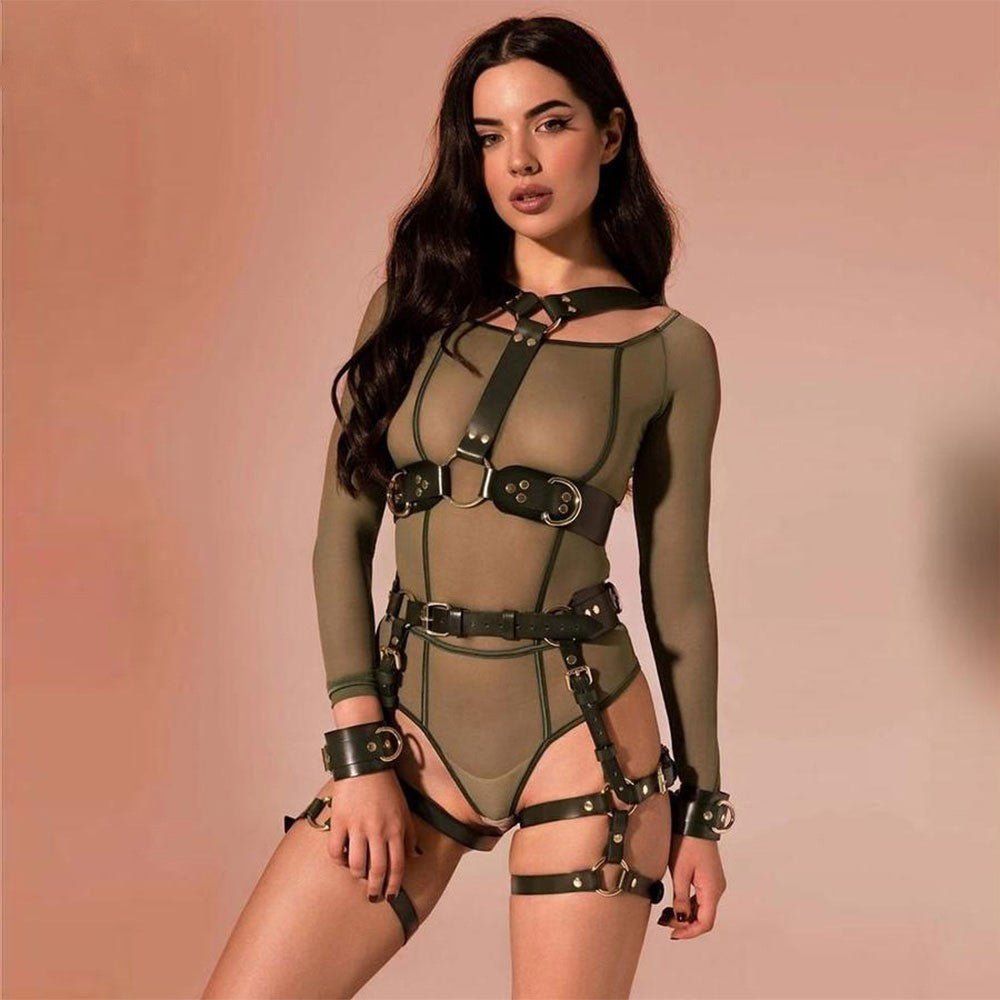 Leather Female Chest Harness with Leg Harness Set