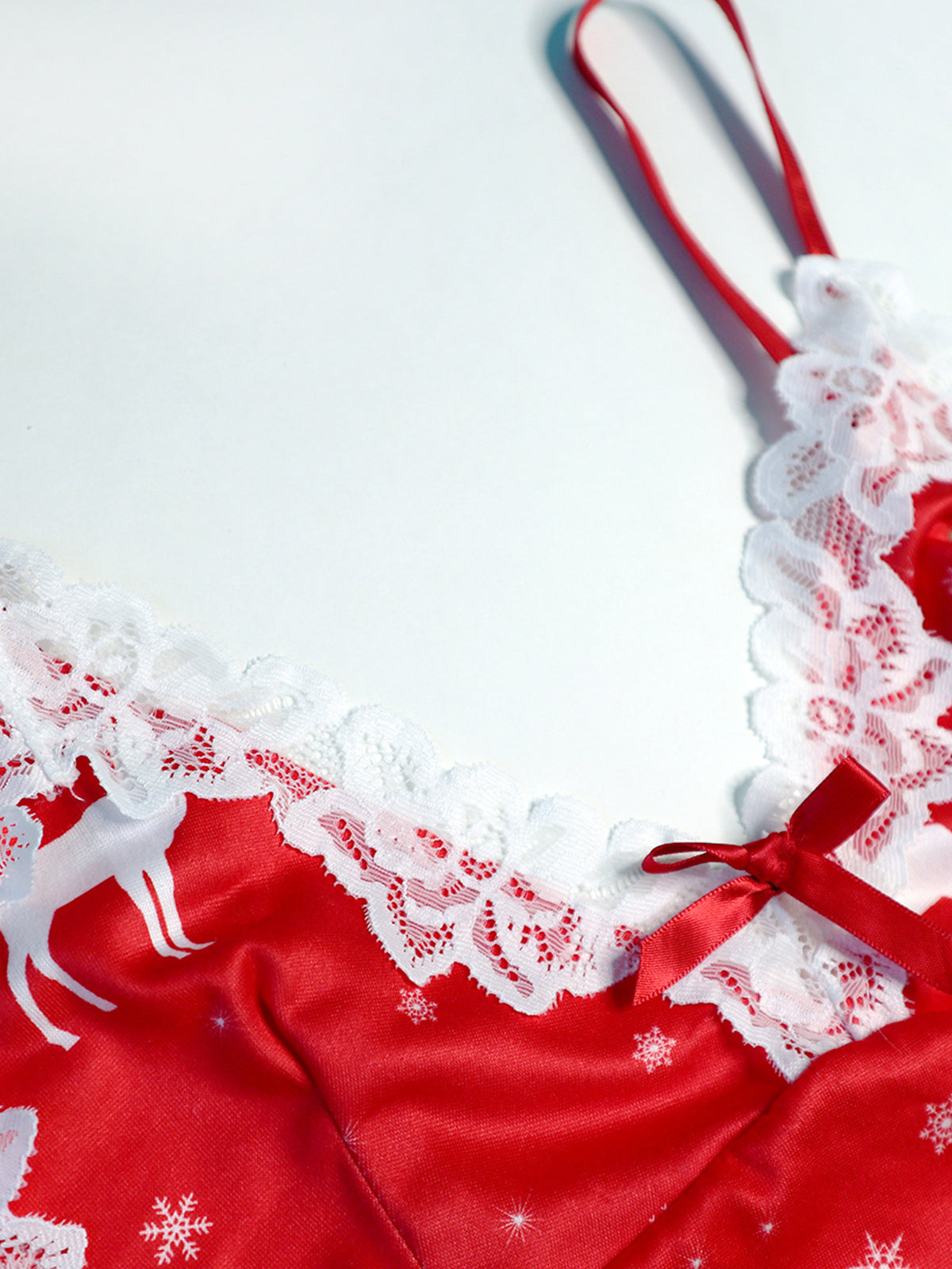 Charming Christmas Reindeer Print Lingerie Set White Lace Trim Adjustable Straps