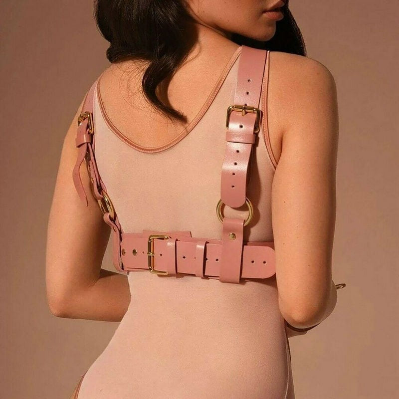 2 Piece Pink Strict Female Body Harness with hand cuff